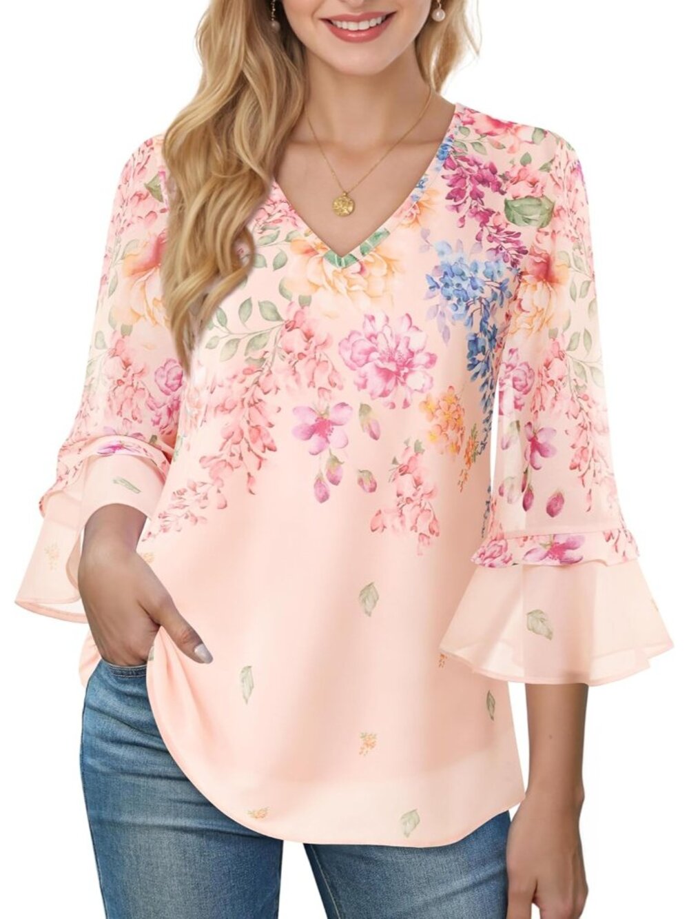 Women's Top Multi Casual Ruffle 3/4 Sleeves V Neck Floral Chiffon Blouses - Picture 2 of 5